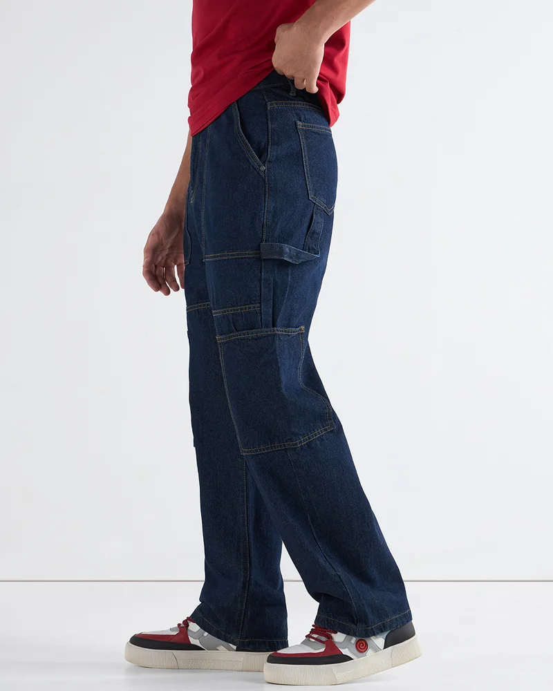 bewakoof Men's Blue Washed Baggy Fit Carpenter Mid-Rise Jeans